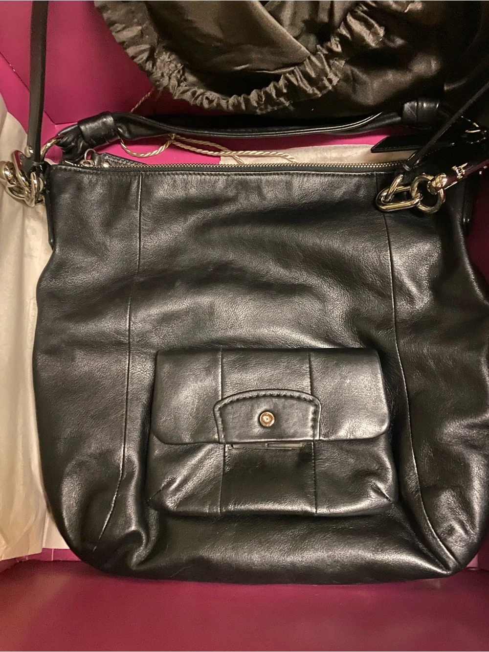 Coach Black Leather Shoulder Bag with Front Flap Pocket and Gold Hardware